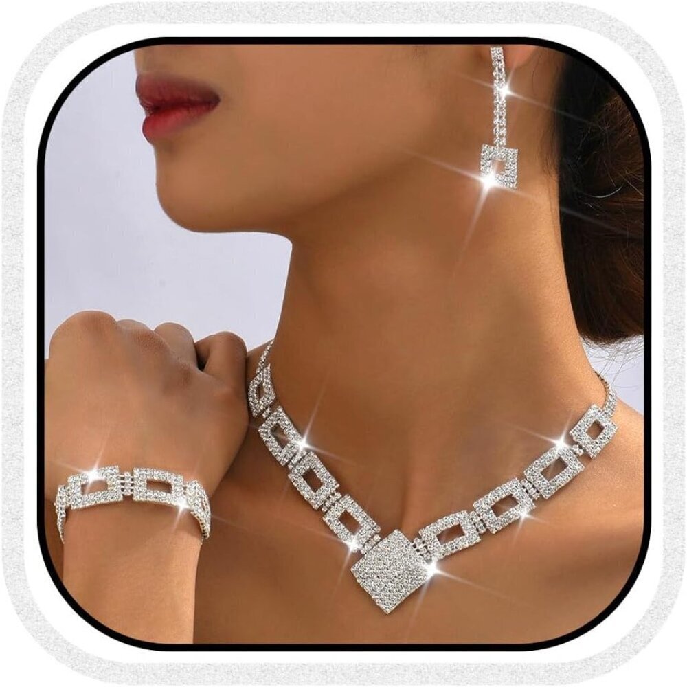 Crystal Bridal Jewelry Set Silver Rhinestone Necklace Earrings Bracelet Women